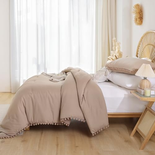YIRDDEO Twin Comforter Set - Comforter Twin Size Bed with Ball Pom Fringe, Soft Bedding Set for All Seasons - 2 Pieces, 1 Comforter (66"x90") & 1 Pillow Sham(20"x26"), Taupe - Image 3