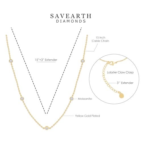 SAVEARTH DIAMONDS Five Stone Station Necklace for Women 1/2 Carat (ctw) Round Lab Created Moissanite Bezel-Set Choker Necklace 15"+3'' Extender in 18K Yellow Gold Plated Jewelry for Her (0.50 ctw) - Image 2