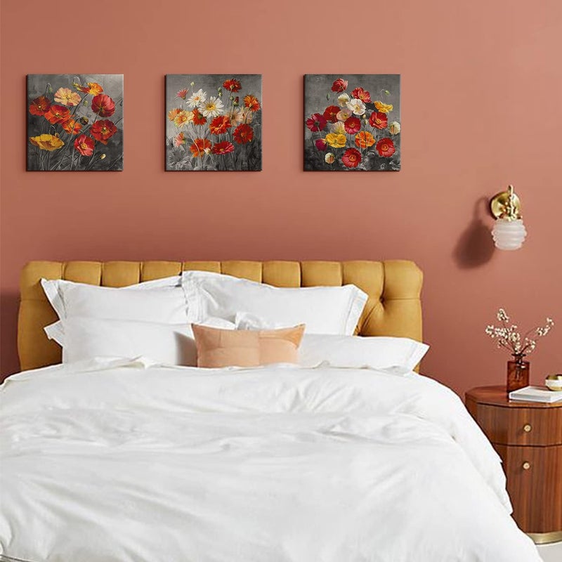 sunfrower Poppy Flowers Canvas Wall Art Set - Image 2