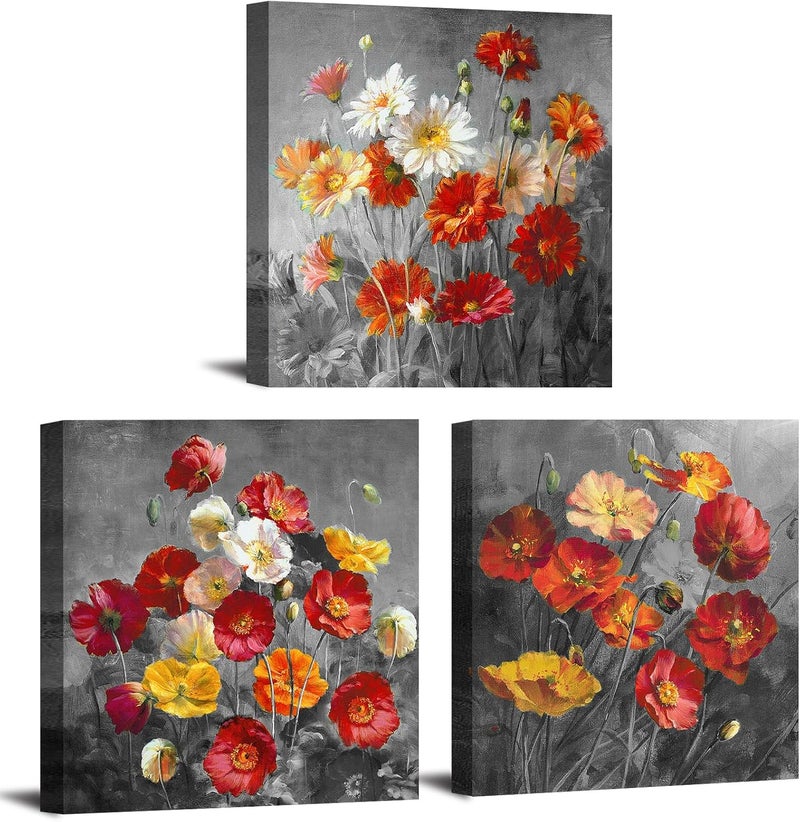 sunfrower Poppy Flowers Canvas Wall Art Set - Image 1