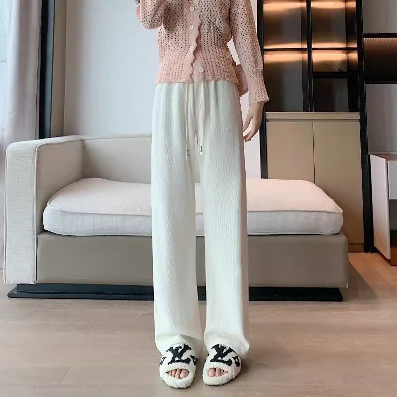 Ice Silk Rib Pocket Wide Leg Pants Women'S 2024 Spring Summer Autumn Korean Loose High Waist Slimming Straight Pants - Image 4