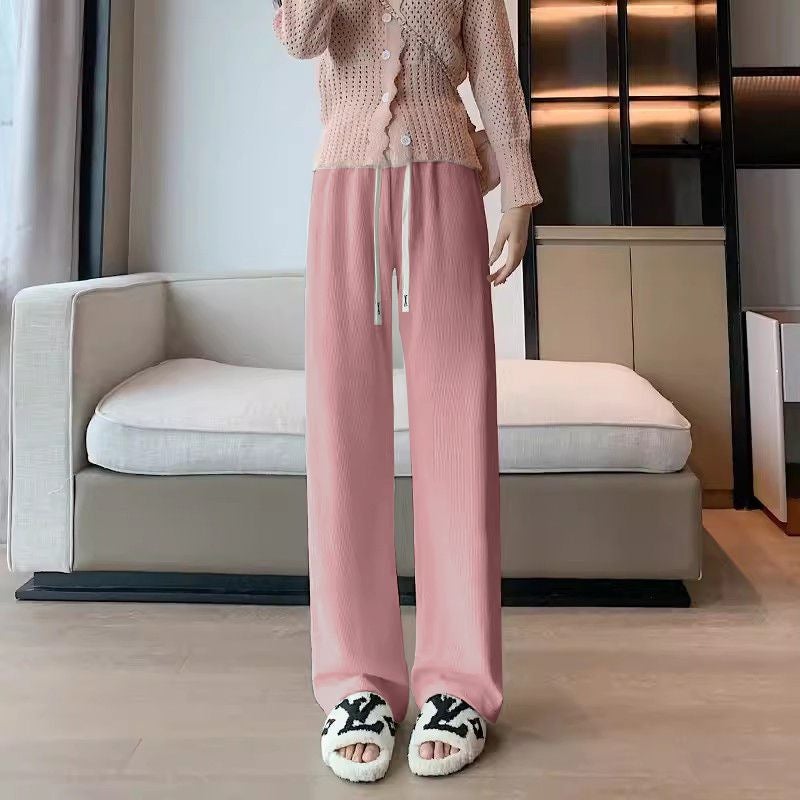 Ice Silk Rib Pocket Wide Leg Pants Women'S 2024 Spring Summer Autumn Korean Loose High Waist Slimming Straight Pants - Image 3
