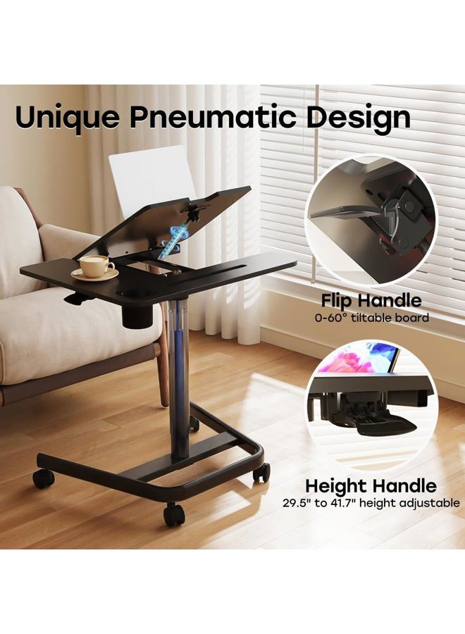 JOY worker Mobile Standing Desk, Pneumatic Height Adjustable Table, 60° Tiltable Rolling Laptop Desk, Portable Sit Stand Desk with Wheels Cup Holder for Bed Couch Hospital, Holds Up to 22lbs, Black - Image 4