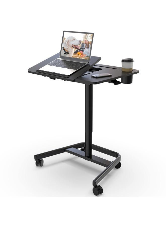 JOY worker Mobile Standing Desk, Pneumatic Height Adjustable Table, 60° Tiltable Rolling Laptop Desk, Portable Sit Stand Desk with Wheels Cup Holder for Bed Couch Hospital, Holds Up to 22lbs, Black - Image 1