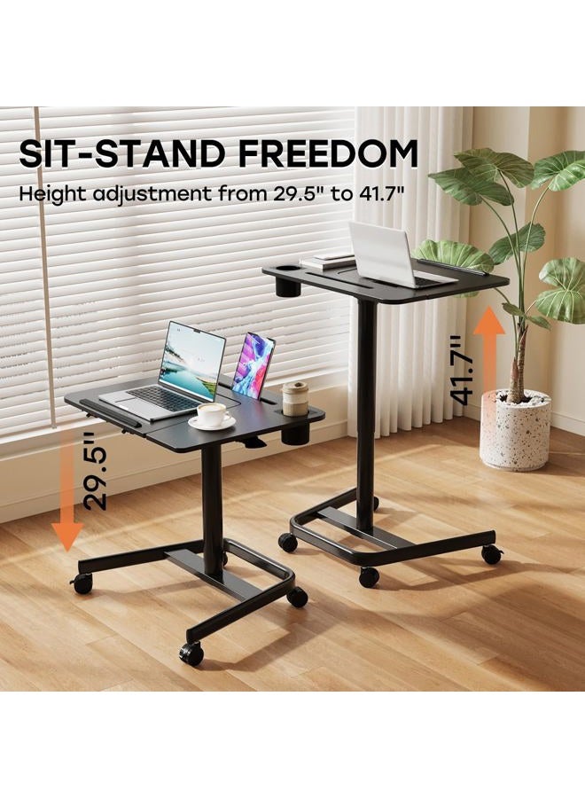 JOY worker Mobile Standing Desk, Pneumatic Height Adjustable Table, 60° Tiltable Rolling Laptop Desk, Portable Sit Stand Desk with Wheels Cup Holder for Bed Couch Hospital, Holds Up to 22lbs, Black - Image 3