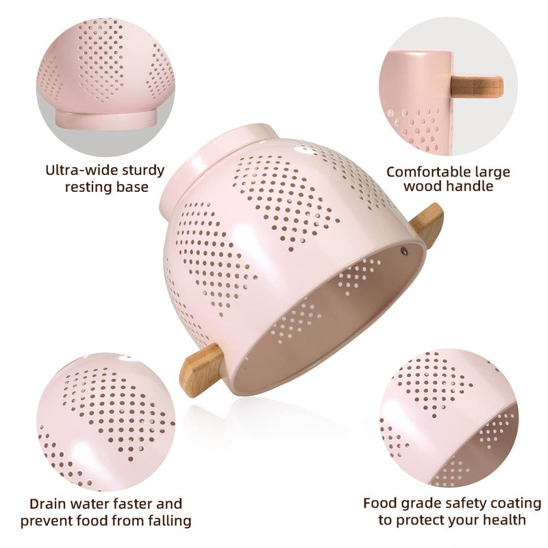 BeFare Metal Colander with Wood Handle and Stable Base, Powder Coated Steel Kitchen Strainer Basket for Draining Pasta, Vegetable and fruit(5.5quart,Pink) - Image 5