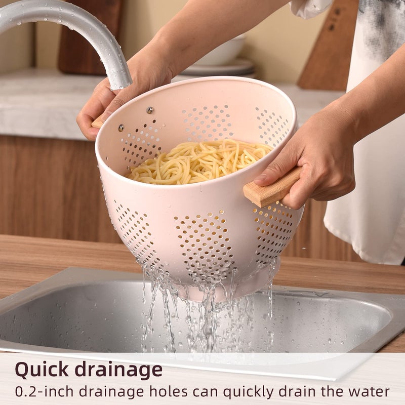 BeFare Metal Colander with Wood Handle and Stable Base, Powder Coated Steel Kitchen Strainer Basket for Draining Pasta, Vegetable and fruit(5.5quart,Pink) - Image 3