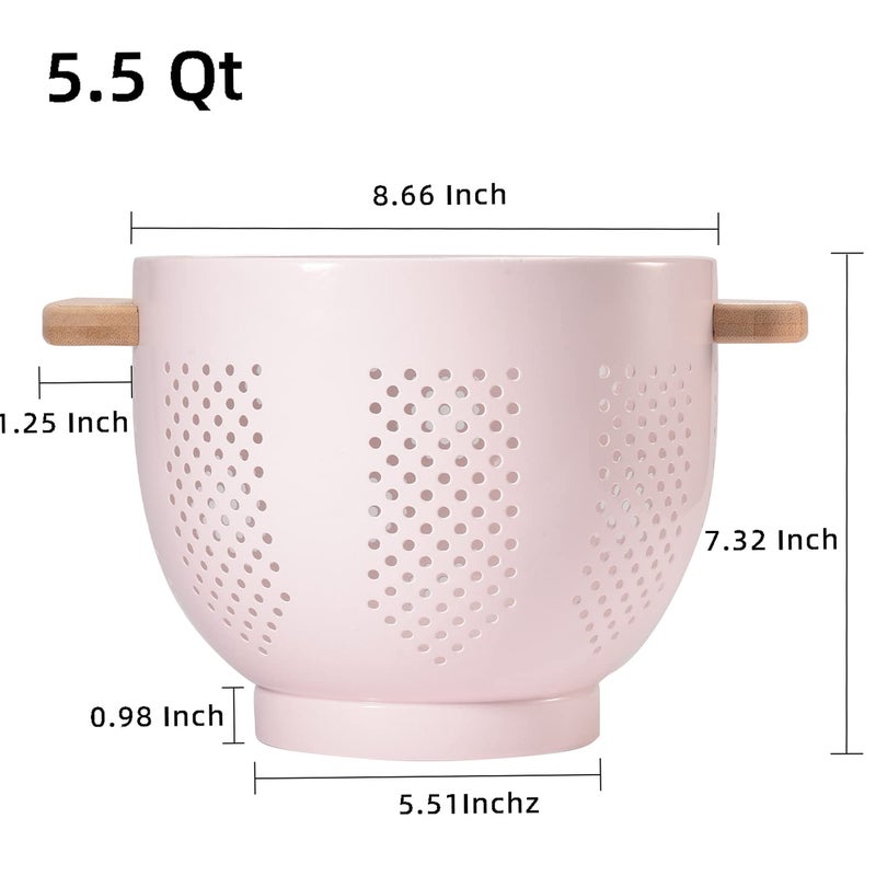 BeFare Metal Colander with Wood Handle and Stable Base, Powder Coated Steel Kitchen Strainer Basket for Draining Pasta, Vegetable and fruit(5.5quart,Pink) - Image 2