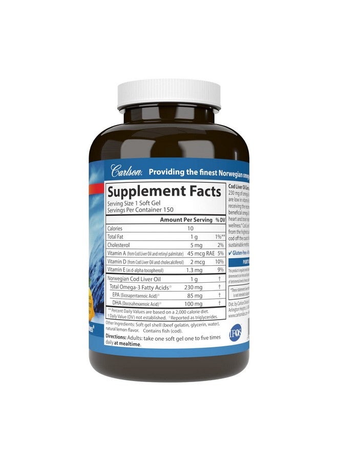 Carlson Cod Liver Oil Gems Low Vitamin A 230 Mg Omega3S Heart Health Vision Support Joint Health Lemon 150 Softgels - Image 2