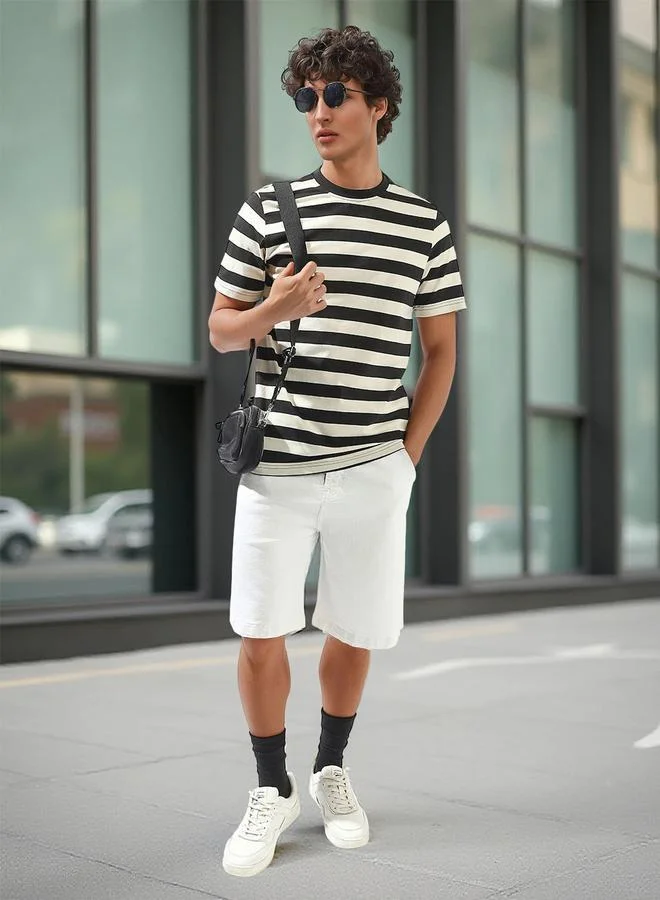 هاي ستار تيشيرت رجالي أسود قطن 1% مخطط بقصة عادية