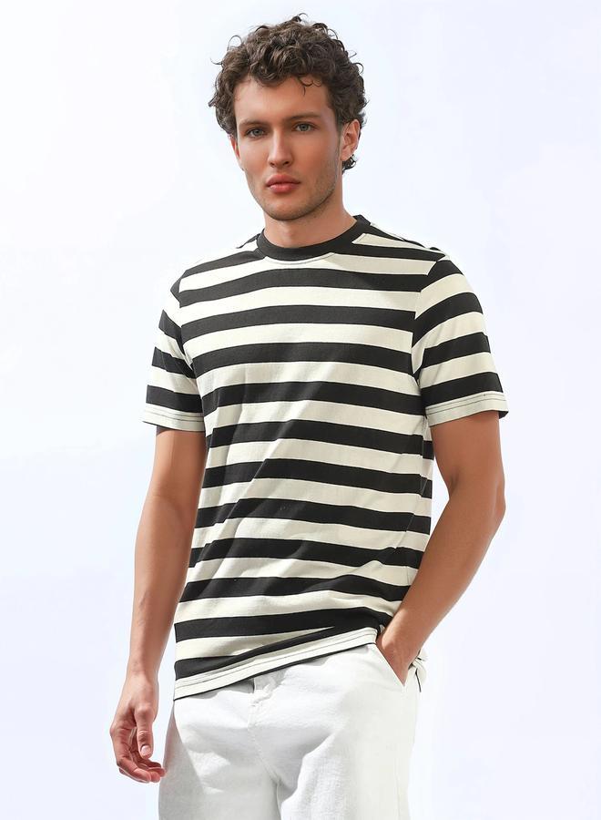 هاي ستار تيشيرت رجالي أسود قطن 1% مخطط بقصة عادية - Image 1