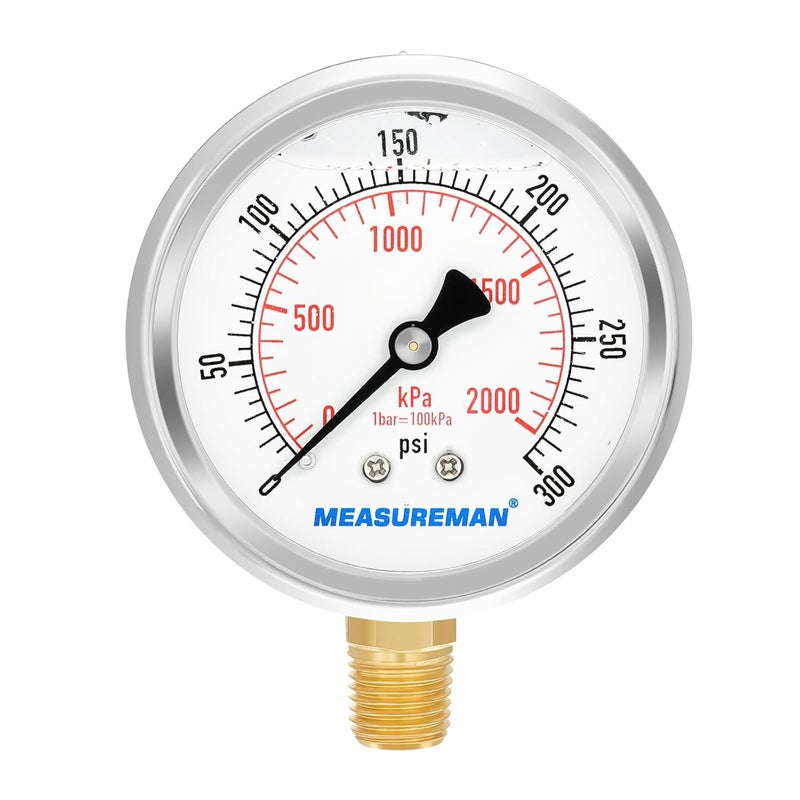 MEASUREMAN مقياس ضغط مملوء بالجليسرين من ميزورمان، حجم القرص 2-1/2 بوصة، نطاق 0-300 رطل لكل بوصة مربعة/كيلو باسكال، غلاف من الفولاذ المقاوم للصدأ 304، تركيب سفلي 1/4 إنش إن بي تي - Image 1