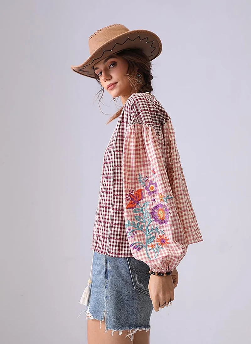YUNIQEE Multicolor V-Neck Long Sleeves Boxy Top