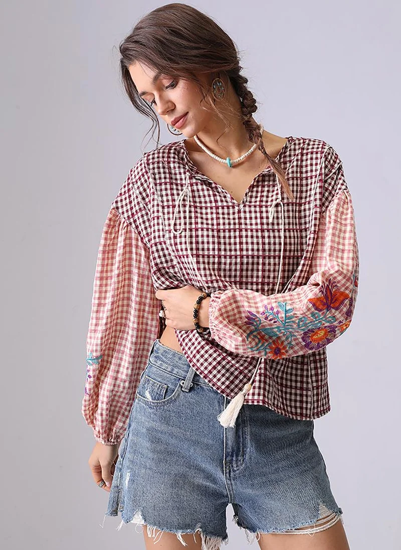 YUNIQEE Multicolor V-Neck Long Sleeves Boxy Top