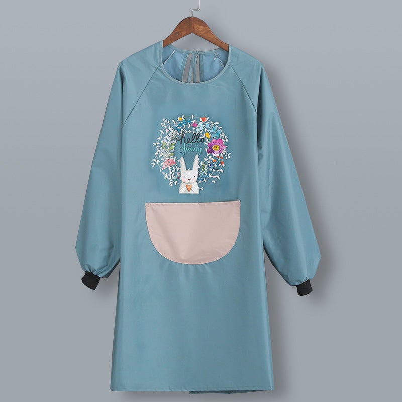 Long-Sleeved Hand-Wiping Apron Womens Household Kitchen Waterproof and Oil-Proof Work Clothes Overalls Adults Cooking Apron Cartoon Net Blue (regular model) Blue (regular model)