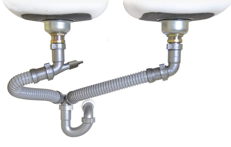 Coflex Snappy Trap Double Bowl Kitchen Sink Drain Kit, 1-1/2" with Flexible P-Trap, Universally Compatible Complete Drain Kit, Easy No-Tool Installation (DK-110 Silver) - Image 1