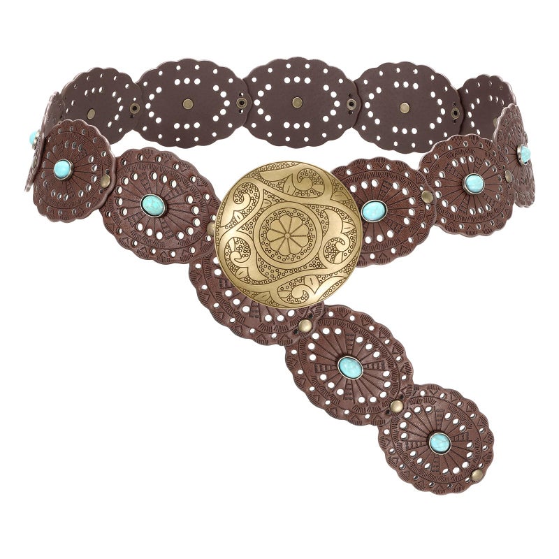 SUOSDEY Wide Coffee Western Disc Belt with Turquoise for Woman Cowgirl Cowboy Boho Country Leather Waist Belts for Jeans Dress, Width 2.36" - Image 1