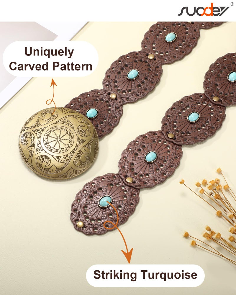 SUOSDEY Wide Coffee Western Disc Belt with Turquoise for Woman Cowgirl Cowboy Boho Country Leather Waist Belts for Jeans Dress, Width 2.36" - Image 3