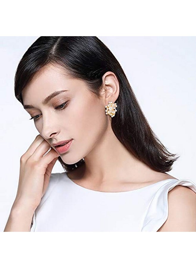 EVER FAITH Austrian Crystal White Simulated Pearl Bridal Cluster Pierced Stud Earrings Clear Gold-Tone  - Image 2