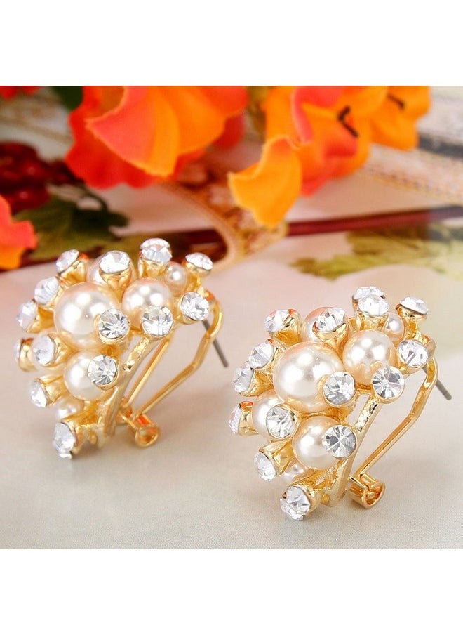 EVER FAITH Austrian Crystal White Simulated Pearl Bridal Cluster Pierced Stud Earrings Clear Gold-Tone  - Image 4