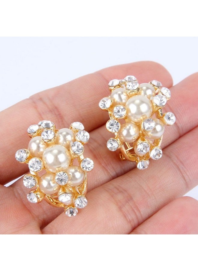 EVER FAITH Austrian Crystal White Simulated Pearl Bridal Cluster Pierced Stud Earrings Clear Gold-Tone  - Image 3