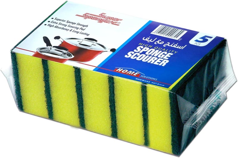 Cleaning Sponge with Scourer – Heavy Duty Kitchen Sponges, High Absorbent Dishwashing Foam with Strong Scrub Pad for Dishes & Surfaces (Pack of 5)