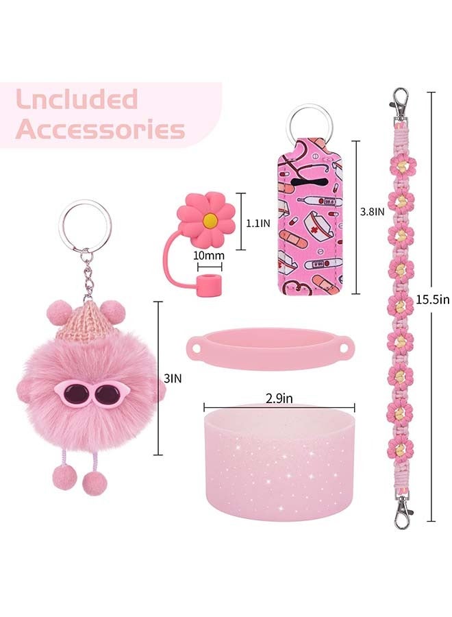 HaHaHai Cup Accessories - Water Bottle Handle Strap for Stanley 30/40 oz Tumbler with Handle, Including Straw Toppers, Silicone Cup Boot, Soot Sprite Keychain Charms - PINK  - Image 2