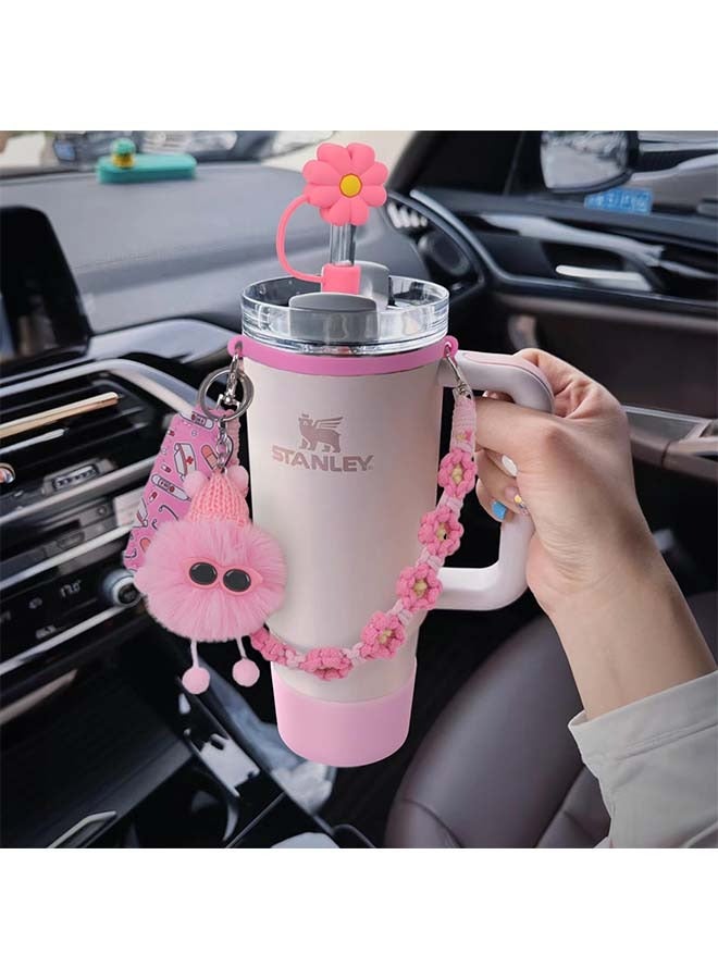 HaHaHai Cup Accessories - Water Bottle Handle Strap for Stanley 30/40 oz Tumbler with Handle, Including Straw Toppers, Silicone Cup Boot, Soot Sprite Keychain Charms - PINK  - Image 4