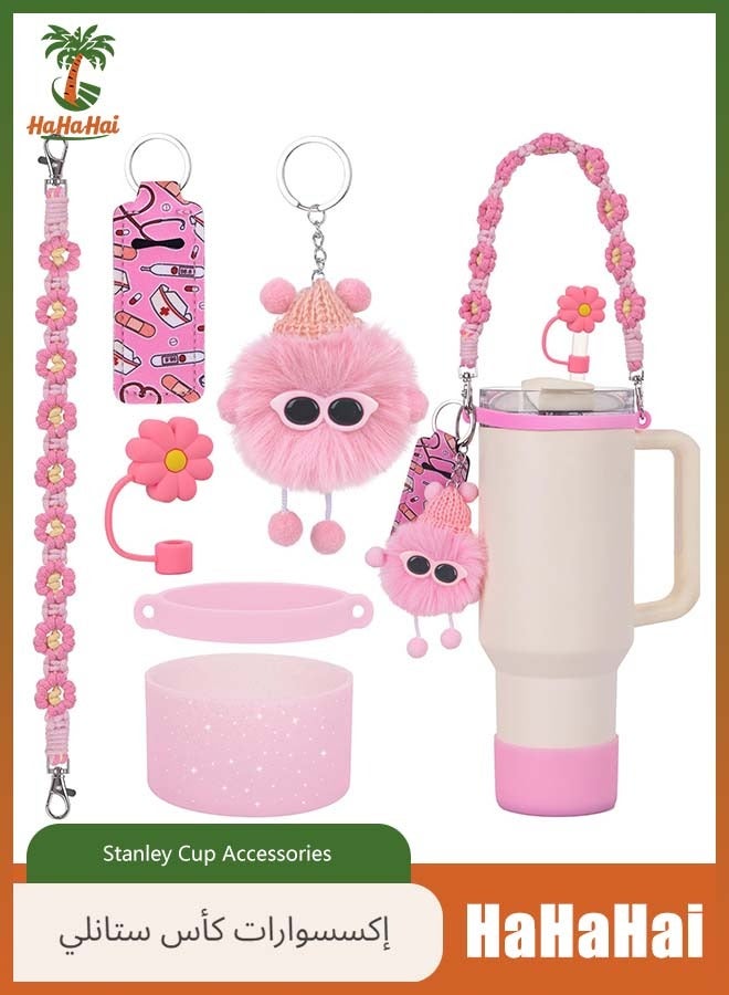 HaHaHai Cup Accessories - Water Bottle Handle Strap for Stanley 30/40 oz Tumbler with Handle, Including Straw Toppers, Silicone Cup Boot, Soot Sprite Keychain Charms - PINK  - Image 1