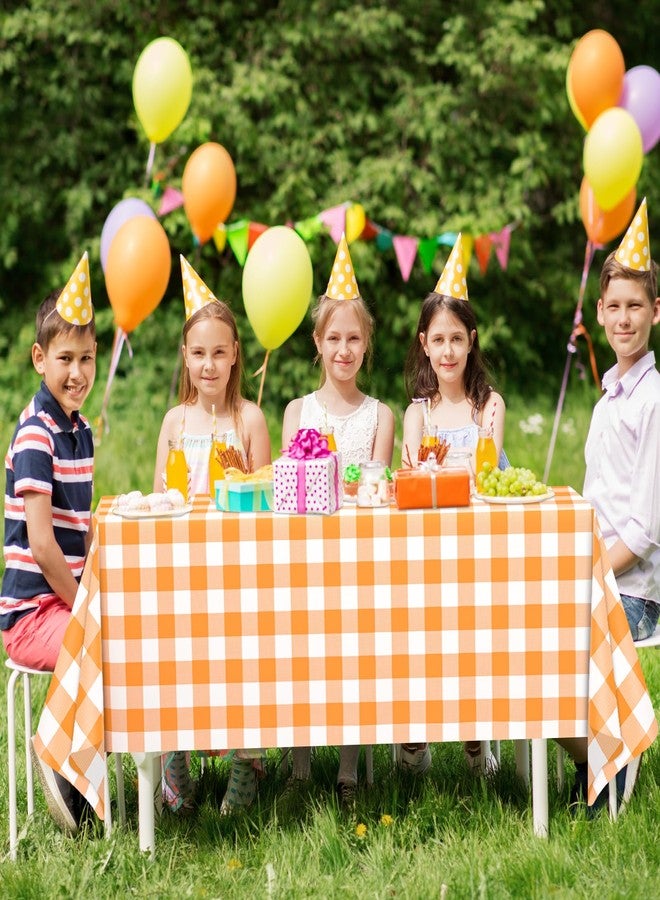 WNINK 4 Pack Orange and White Checkered Rectangular Plastic Tablecloths, Orange Gingham Waterproof Disposable Table Covers 54" x 108" for Birthday, Wedding, Outdoor Picnic Camping Parties - Image 5