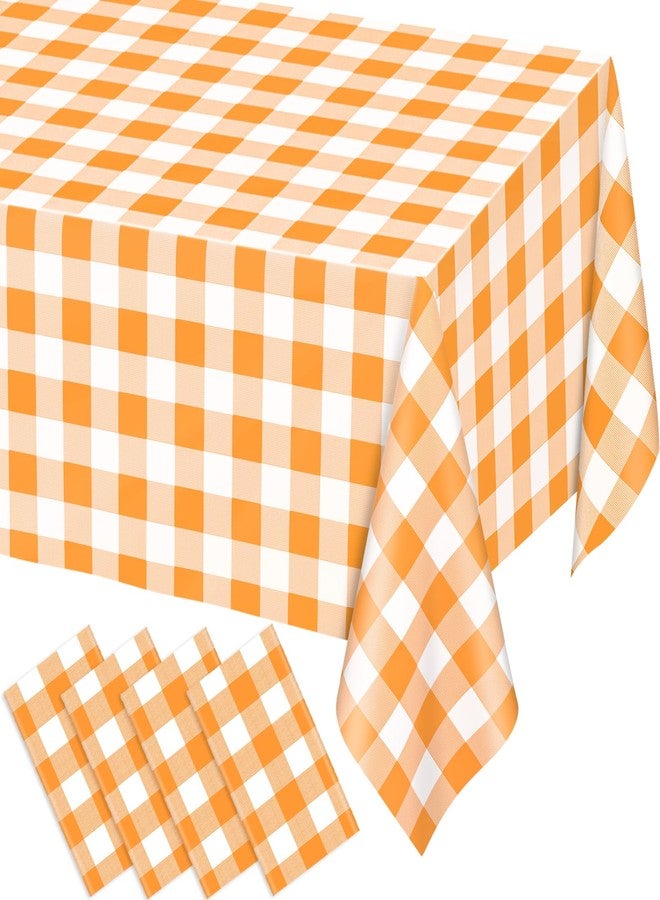 WNINK 4 Pack Orange and White Checkered Rectangular Plastic Tablecloths, Orange Gingham Waterproof Disposable Table Covers 54" x 108" for Birthday, Wedding, Outdoor Picnic Camping Parties - Image 1