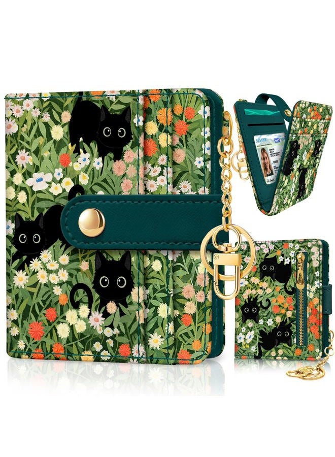 Jogjam Rfid Women Wallet, Small Slim Thin Credit Card Wallet, PU Leather Bifold Cash Zipper Coin Pocket ID Window, for Female Ladies Teen Girls Girly Gifts, Black Cat Floral, Small, Modern - Image 1