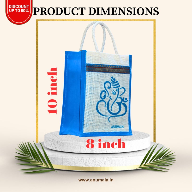 Anumala® Auspicious Ganesh Jute Return Gift Bag | Indian Wedding Favor, Pooja & Diwali Bag | Durable Multipurpose Tote with Padded Handles Zipper & Laminated Interior | 8x4x10 Inches (24) - Image 2