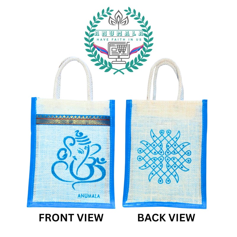 Anumala® Auspicious Ganesh Jute Return Gift Bag | Indian Wedding Favor, Pooja & Diwali Bag | Durable Multipurpose Tote with Padded Handles Zipper & Laminated Interior | 8x4x10 Inches (24) - Image 5