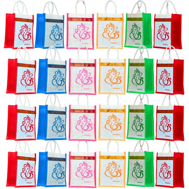 Anumala® Auspicious Ganesh Jute Return Gift Bag | Indian Wedding Favor, Pooja & Diwali Bag | Durable Multipurpose Tote with Padded Handles Zipper & Laminated Interior | 8x4x10 Inches (24) - Image 1