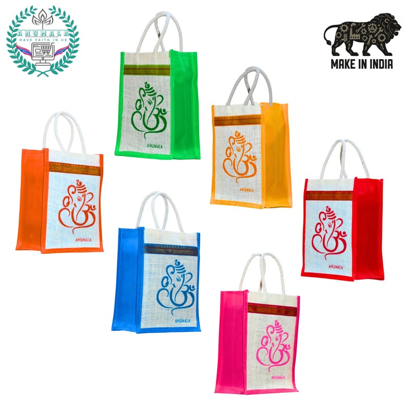 Anumala® Auspicious Ganesh Jute Return Gift Bag | Indian Wedding Favor, Pooja & Diwali Bag | Durable Multipurpose Tote with Padded Handles Zipper & Laminated Interior | 8x4x10 Inches (24) - Image 3