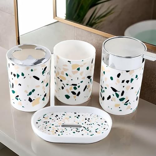 UMAI Bathroom Accessories Set | 4 Piece | Soap Dispenser for Bathroom |Tooth Brush Holder| Mouth Wash Cup | Soap Dish | for Bathroom | Attractive and Stylish Terrazzo Design | White Concrete Mix Look - Image 1