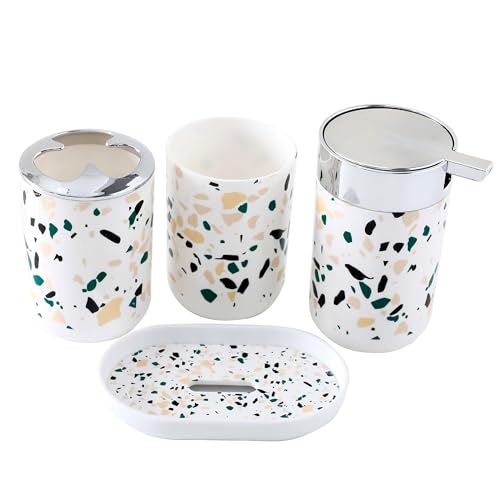UMAI Bathroom Accessories Set | 4 Piece | Soap Dispenser for Bathroom |Tooth Brush Holder| Mouth Wash Cup | Soap Dish | for Bathroom | Attractive and Stylish Terrazzo Design | White Concrete Mix Look - Image 2