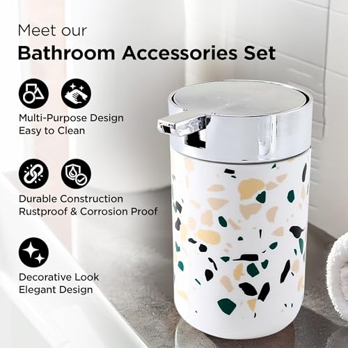 UMAI Bathroom Accessories Set | 4 Piece | Soap Dispenser for Bathroom |Tooth Brush Holder| Mouth Wash Cup | Soap Dish | for Bathroom | Attractive and Stylish Terrazzo Design | White Concrete Mix Look - Image 3