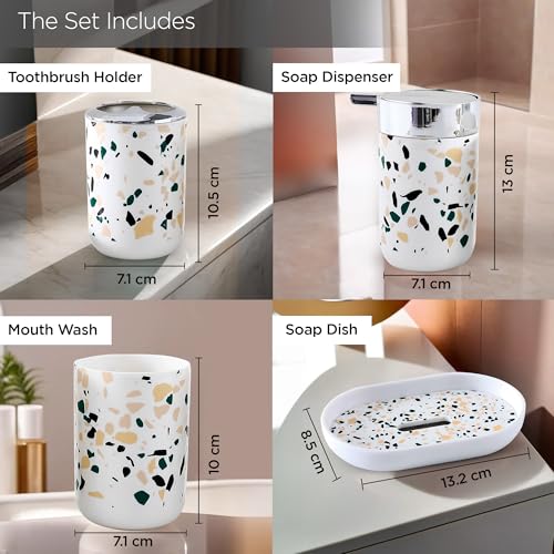 UMAI Bathroom Accessories Set | 4 Piece | Soap Dispenser for Bathroom |Tooth Brush Holder| Mouth Wash Cup | Soap Dish | for Bathroom | Attractive and Stylish Terrazzo Design | White Concrete Mix Look - Image 5