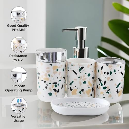 UMAI Bathroom Accessories Set | 4 Piece | Soap Dispenser for Bathroom |Tooth Brush Holder| Mouth Wash Cup | Soap Dish | for Bathroom | Attractive and Stylish Terrazzo Design | White Concrete Mix Look - Image 4