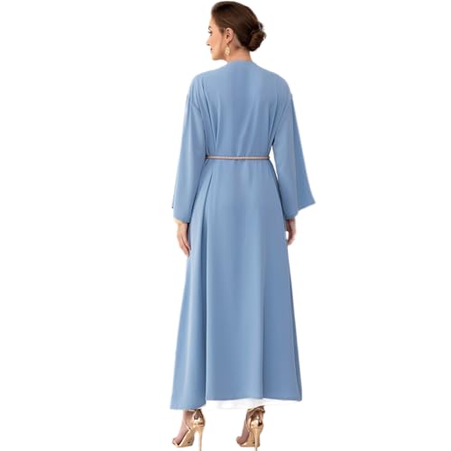 IDOPIP Muslim Abayas for Women Long Sleeve Open Front Cardigan with Belt Rhinestone Applique Maxi Kaftan Dress Islamic Dubai Robe Middle East Loose Full Cover Cardigan Prayer Dress Clothes Blue L - Image 3