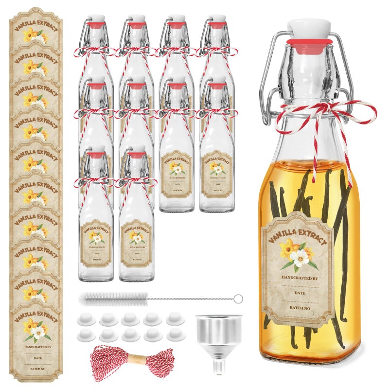 NVioAsport 10 Pack Swing Top Glass Vanilla Extract Bottles 8 oz with Lids Vanilla Extract Labels and Funnel Glass Boston Bottles for Syrup Gift Flip Top Jars