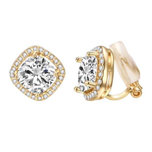 Yoursfs Rhinestone Clip on Earrings For Women Bridal Sparkly Square Earrings Crystal 18K Yellow Gold Plated Invisible Clip on Earrings - Image 1