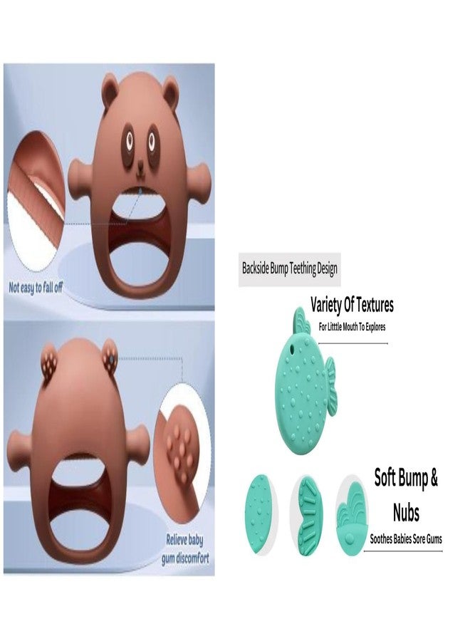 RUKAN Silicone Baby Teether Toys Never Drop Infant Teething Mitten Toys, Fish Multi-Textured Surface for Soothing Gums 6 to 12 Months, Helps Biting Skills Development (Brown & Green) - Image 2