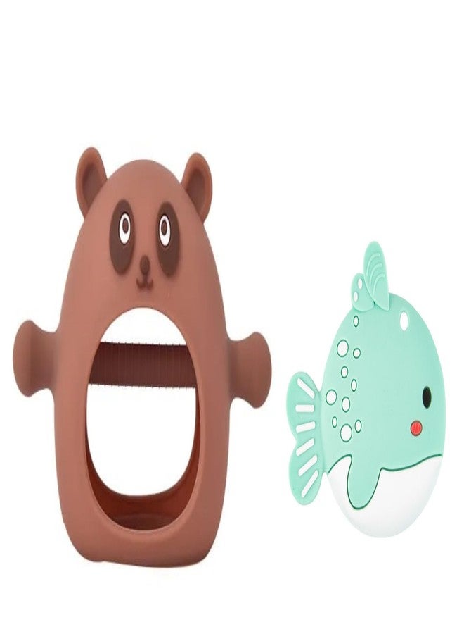 RUKAN Silicone Baby Teether Toys Never Drop Infant Teething Mitten Toys, Fish Multi-Textured Surface for Soothing Gums 6 to 12 Months, Helps Biting Skills Development (Brown & Green) - Image 1
