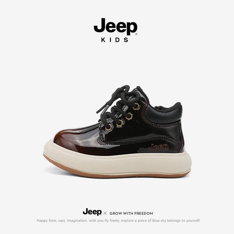 Jeep Boys And Girls Leather And Velvet Cotton Shoes Ultra-Light Heightening Boots Boys Non-Slip Fashionable Outdoor Thick-Soled Work Boots - Image 1