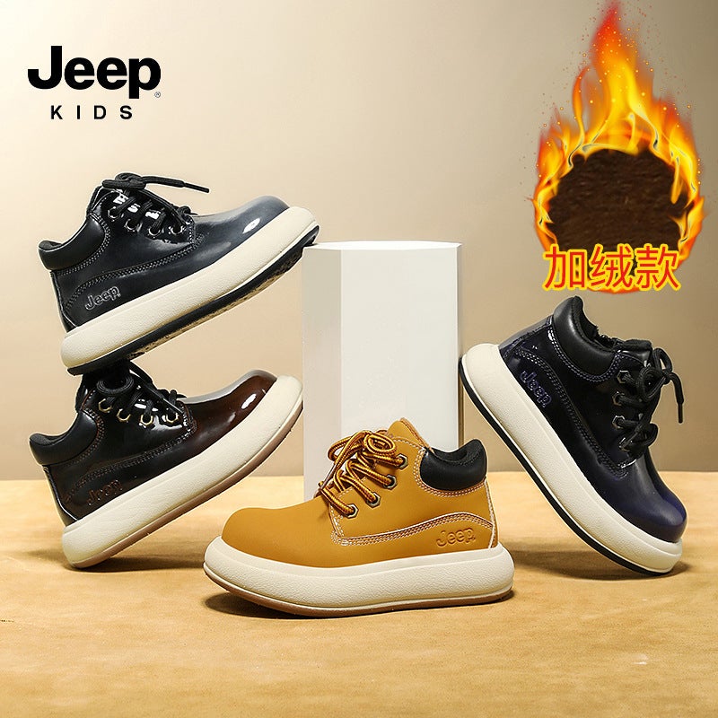 Jeep Boys And Girls Leather And Velvet Cotton Shoes Ultra-Light Heightening Boots Boys Non-Slip Fashionable Outdoor Thick-Soled Work Boots - Image 4