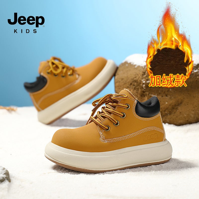 Jeep Boys And Girls Leather And Velvet Cotton Shoes Ultra-Light Heightening Boots Boys Non-Slip Fashionable Outdoor Thick-Soled Work Boots - Image 3
