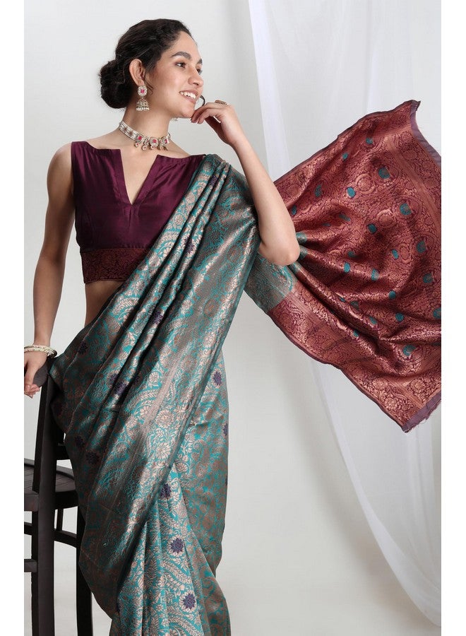Janasya Janasya Women's Sea Green Silk Blend Floral Woven Design Banarasi Saree with Blouse Piece (SAR623)  - Image 2